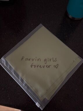 100% Silk Green Handkerchief with Hand stitched 'Parvin girls forever' in brown